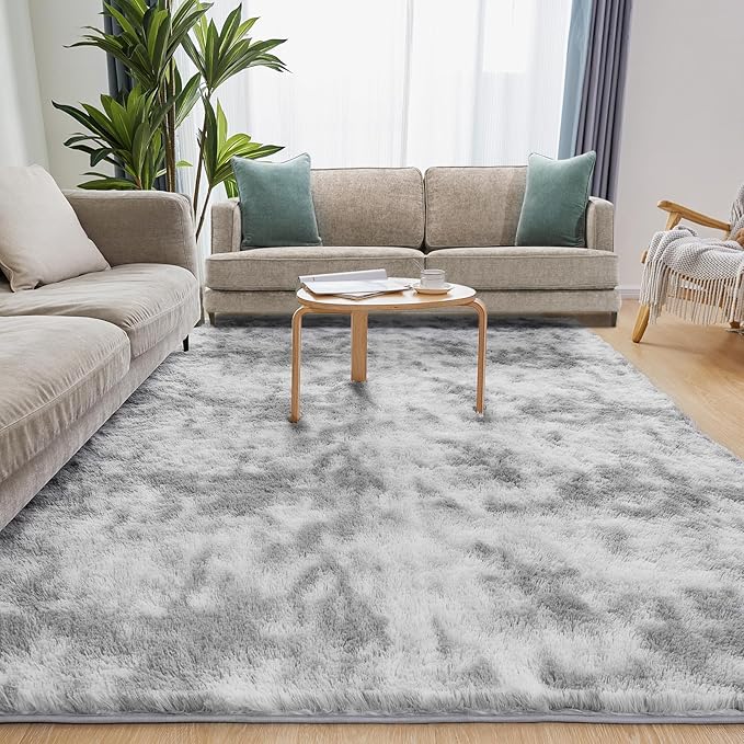 8x10 Area Rugs for Living Room, Ultra Soft Fluffy Rugs for Bedroom, Anti-Skid High Pile Indoor Carpet for Nursery, Study Room, Playroom, Home Decoration, Tie-Dyed Light Grey