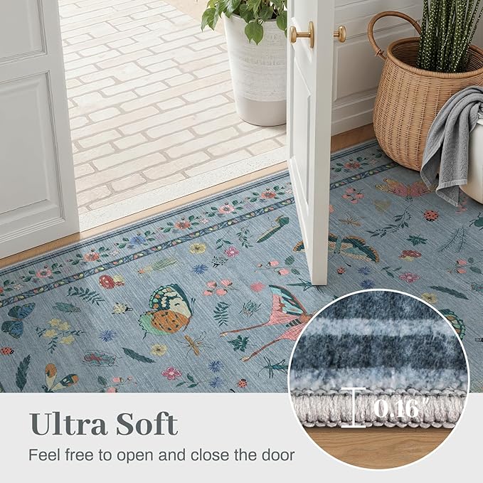 6x9 Rugs for Living Room with Insect Print - Bug Rug Non-Silp Stain Resistant Soft Carpet for Bedroom, Low Pile Ultra-Thin Machine Washable Carpet for Dining Room, Kids Nursery, Office (6'x6' Blue)