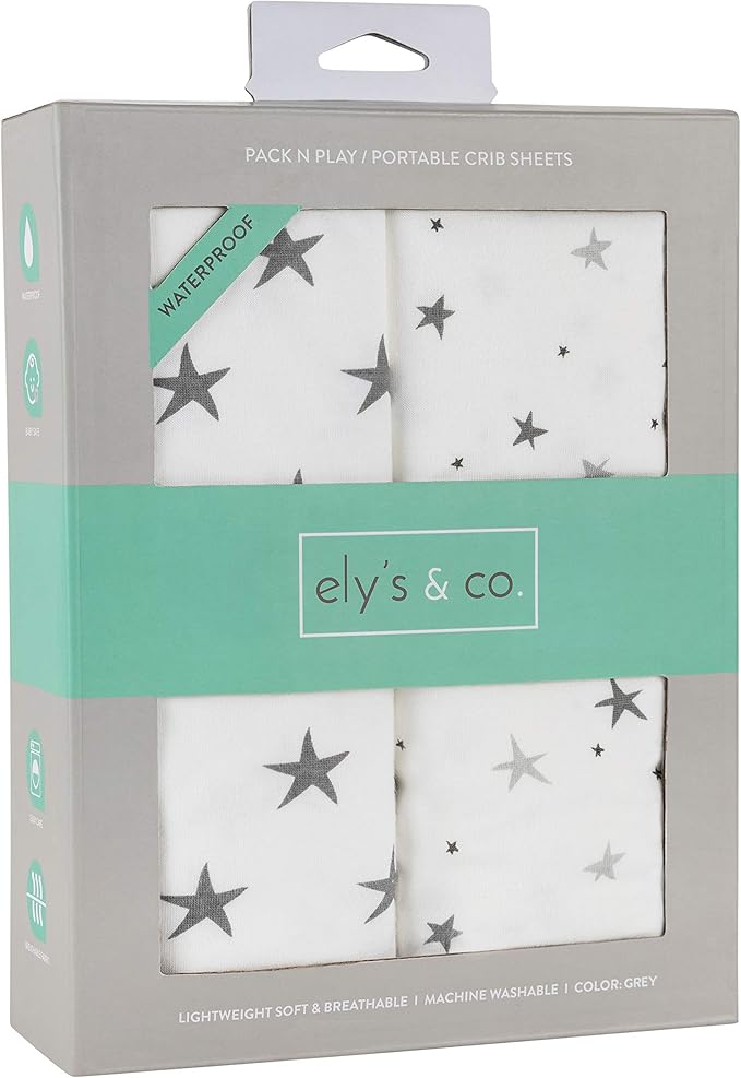 Ely's & Co. Patent Pending Waterproof Pack n Play│Mini Crib Sheet 2-Pack Set for Baby Boy or Baby Girl - 100% Combed Jersey Knit Cotton Sheets with Eco-Friendly Waterproof Lining — Grey Stars