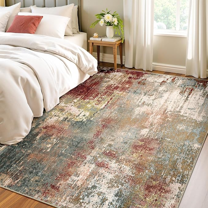 Washable Area Rugs 4'x6' Non-Slip Modern Abstract Soft for Living Room Entryway Bedroom Nursery, Print Pattern, Brown Rust Red Multi