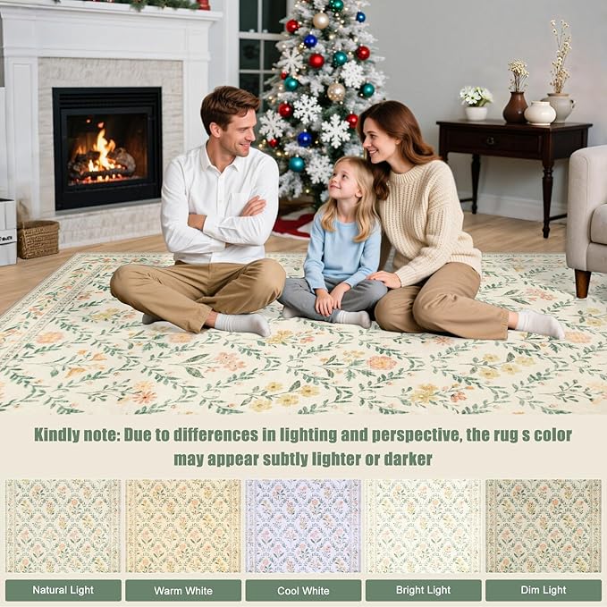 Area Rug Living Room Rugs: Floral 4x6 Washable Rug Vintage Soft Boho Non-Slip Carpet Stain Resistant Large Carpets for Bedroom Dining Room Farmhouse Nursery Hallway Home Office Beige/Multi
