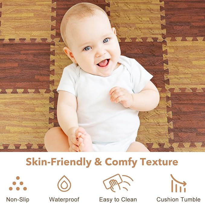 Skyweaver 24 Tiles Soft Non-Toxic Baby Play Mat for Floor EVA Foam Jigsaw Puzzle Play Mat, Interlocking Squares with 0.6inch for Babies, Toddlers & Kids Gym, Nursery, Playroom,Brown