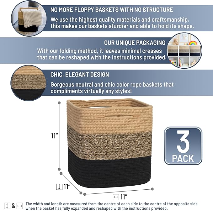 NaturalCozy Storage Cubes 11 Inch Cotton Rope Woven Baskets for Organizing, 3-Pack | Cube Storage Bin | Square Storage Baskets for Shelves Organizer, Classroom, Kids Toy Bins, Closet, Baby Nursery