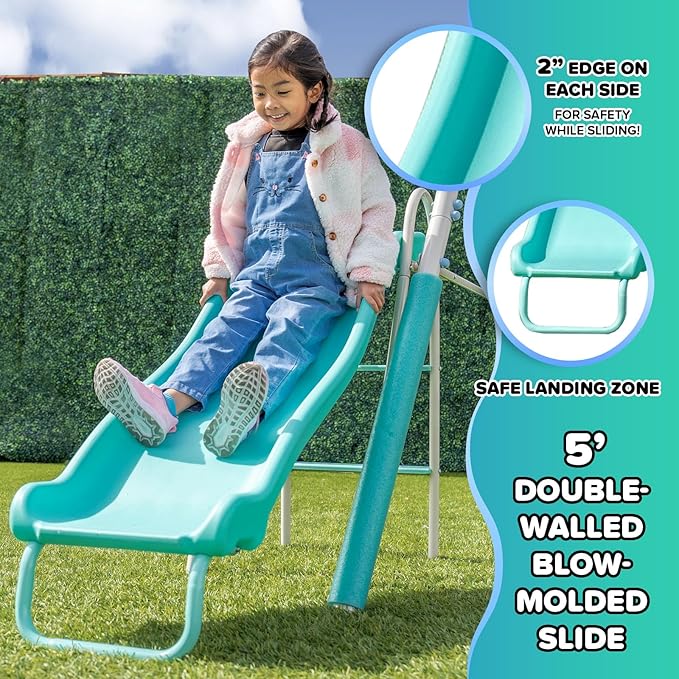 Sportspower MSC-4510-TL Arcadia Metal Swing Set with 5’ Slide, Trapeze, & 2-Person Glider Swing, Teal