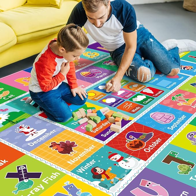 Kids Rug for Playroom, Kids Baby Playmat with Alphabet, Month, Weather, Week and Shapes ABC Educational Rug, Play Mat Carpet for Bedroom Classroom (78.7X59 INCH, Weather)