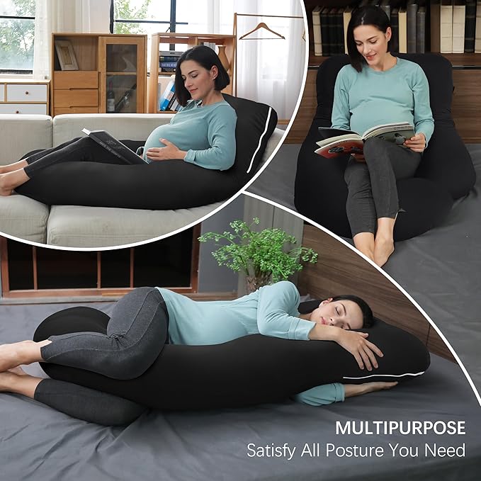 MOON PARK Pregnancy Pillows for Sleeping - U Shaped Full Body Maternity Pillow with Removable Cover - Support for Back, Legs, Belly, HIPS - 65 Inch - Black - Cooling Cover