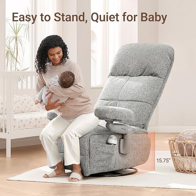 Nursery Swivel Glider Recliner Chair with Adjustable Armrests & Headrest, Rocking Chair Nursery with Removable Cover for Breastfeeding, FSC & Oeko-TEX Certified, Grey