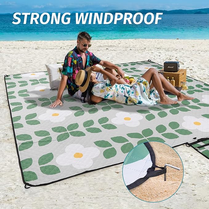 Picnic Blankets Extra Large - Beach Blanket Waterproof Sandproof with Shoulder Strap, Machine Washable, Outdoor Blanket with Stakes for Grass Concert, Park, Lawn,Travel,Spring Summer.Green