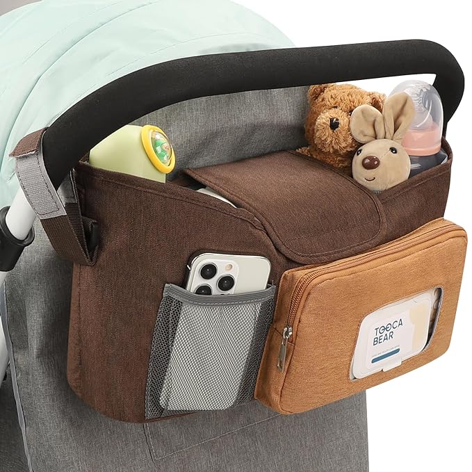Accmor Universal Stroller Organizer with Insulated Cup Holder, Stroller Caddy Bag Accessories, Stroller Cup Holder Organizer for Uppababy Baby Jogger Britax Stroller, Brown