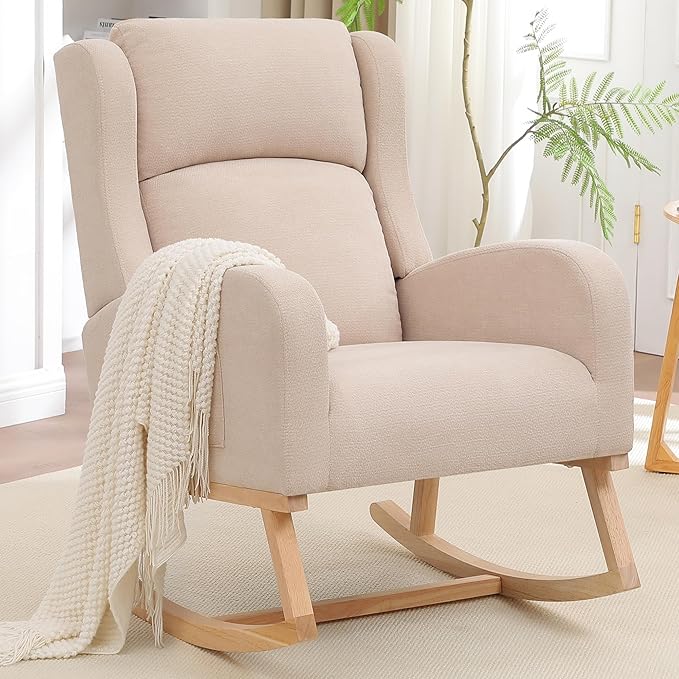 Rocking Chair Nursery, Nursing Rocking Chairs for Mom Nursery, Comfy Wingback Glider Rocking Armchair with Side Pocket for Nursery Living Room Bedroom, Khak