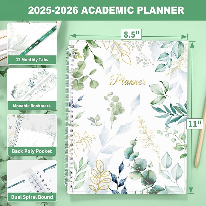 SUNEE Academic Planner 2025-2026 Weekly and Monthly, July 2025-June 2026, 8.5"x11", Tabs, Note Pages, Pockets, Bookmark, Flexible Cover, Spiral Binding, Greenery