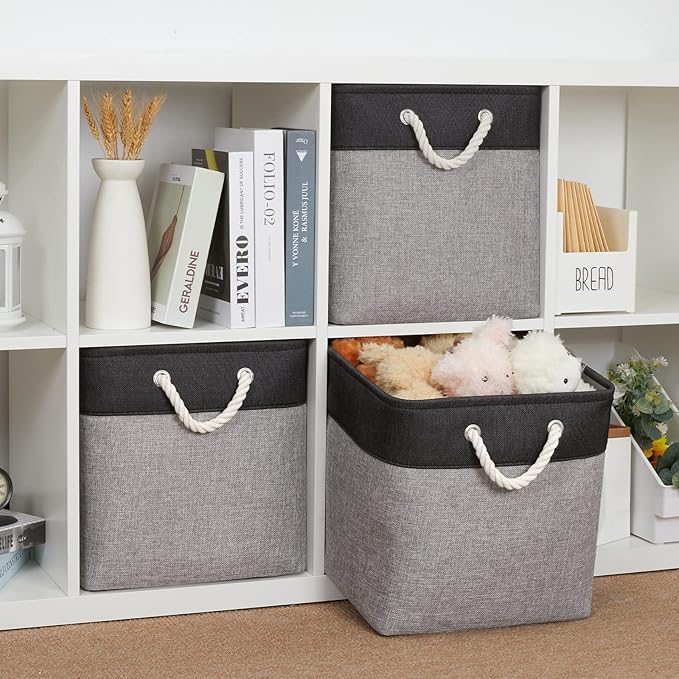 Bidtakay Fabric Cube Storage Bins for Organizing 13x13 Large Storage Baskets Decorative Storage Bins for Home Storage Set of 3 Shelf Organizer Bins for Toy Storage (Black&grey)