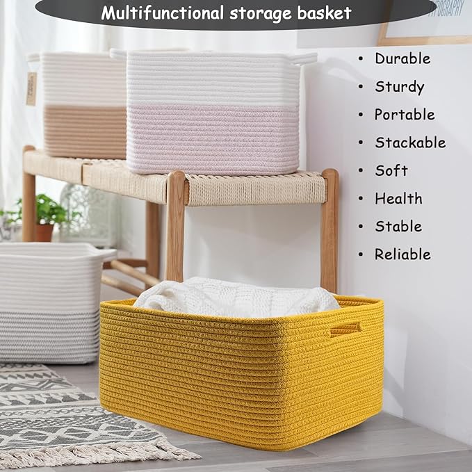 COMFY-HOMI Cotton Rope Woven Basket with Handles for Shelves,Toys,Book, Cloth Storage Baskets for Organizing-17" x 13" x 7.5" Toy Decorative Organizer for Living Room, Bathroom （Yellow）
