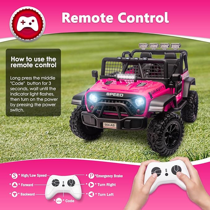 Sopbost 24V 7Ah 2 Seater Ride On Truck Ride On Toy for Big Kids Ride On Car with Remote Control Off-Road Electric Car with Shock Absorber, LED Lights, Bluetooth Music Player, EVA Tires, Pink