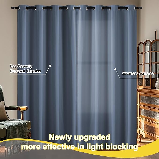 NICETOWN 100% Blackout Stone Blue Curtains for Bedroom, Thermal Insulated Window Curtains 63 Inch Length 2 Panels Set, Grommet Top Drapes for Living Room, 52" W x 63" L