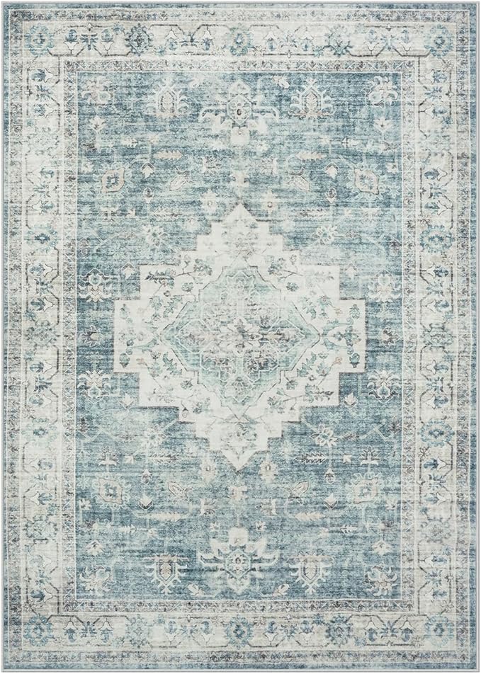 LIVEBOX Washable Area Rug 5x7 Rugs for Living Room Bedroom, Non-Slip Boho Indoor Carpet for Dining Room Office, Low-Pile Farmhouse Soft Carpets for Kids Nursery Room Playroom, Blue