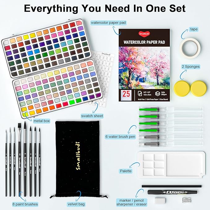 Watercolor Paint Set 168 Colors Including Metallic, Watercolor Kit with Case, Watercolor Paper, Paint Brushes, Palette and Accessories, Water Color Art Supplies Gift for Adults Kids Artists