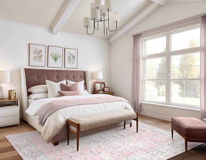 LIVEBOX Pink 6x9 Area Rug for Bedroom Girls, Boho Washable Rugs for Living Room Nursery, Non-Slip Indoor Soft Carpet Low-Pile Farmhouse Carpets for Dining Room Kids Playroom, Pink