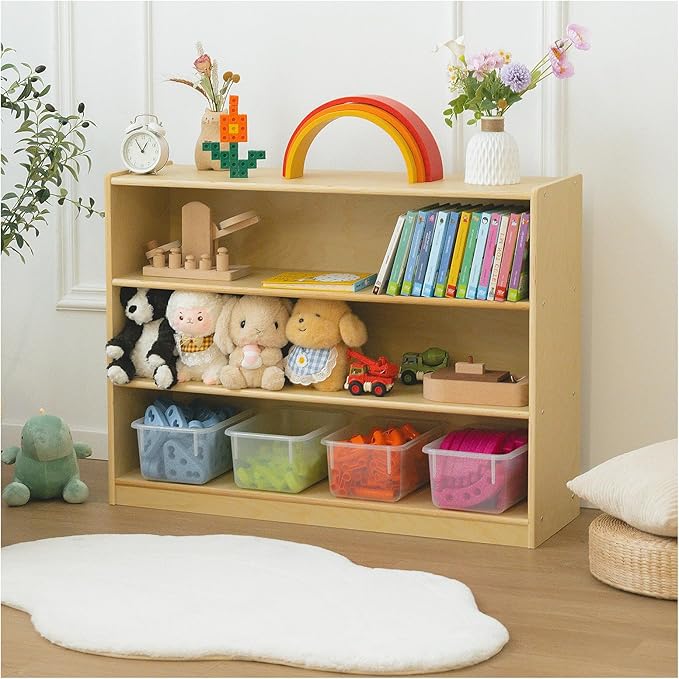 Kids Bookshelf and Toy Storage Shelf, Wooden Montessori Bookshelf, 3-Tier Toy Shelf, 30in Birch Children Bookcase, Classroom Furniture, Book Shelf for Kids Room, Nursery, Playroom