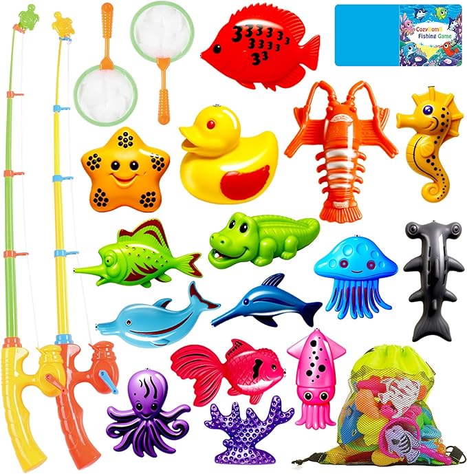 CozyBomB™ Magnetic Fishing Toys Game Set for Kids | Water Table Bathtub Kiddie Pool Party & Pole Rod Net, Plastic Floating Fish Toddler Color Ocean Sea Animals Birthday Age 3 4 5 6 Year