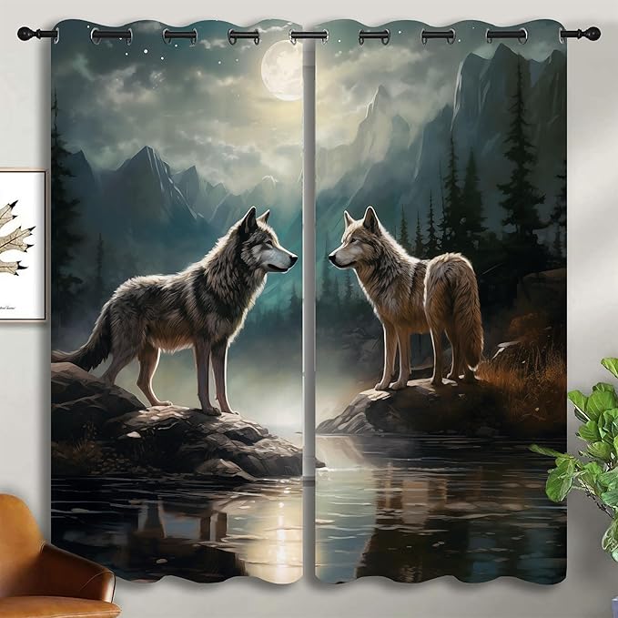 Wolf Blackout Curtains for Boys Girl Bedroom Decor,Moon Mountain Pine Forest Wild Animals Thermal Insulated Grommet Drapes Darkening Window Curtain for Living Room Home 72x63 inch