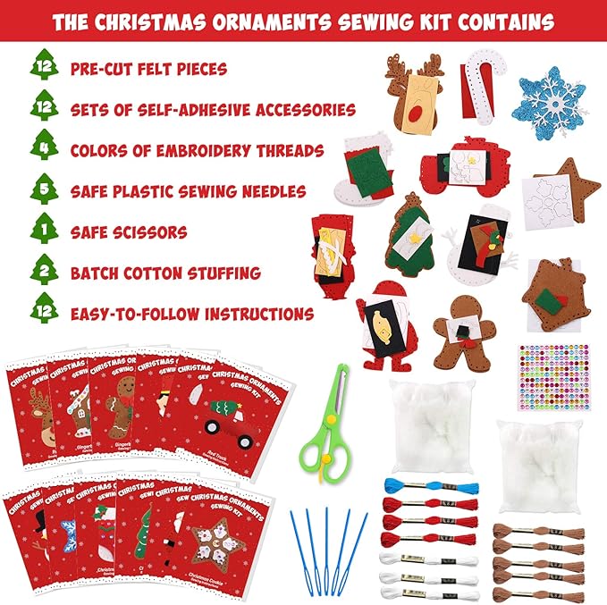 CiyvoLyeen Christmas Sewing Kit for Kids Felt Christmas Ornaments Craft Supplies DIY Activity for Girls and Boys Educational Sewing Gift for Child Set of 12
