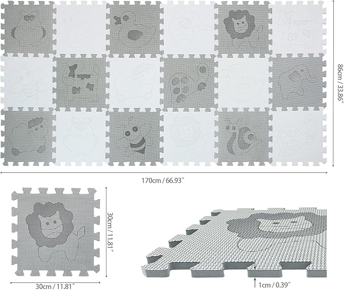 qqpp EVA 18 Tiles Baby Play Mat for Playing, Interlocking Foam Floor Mats for Tummy Time & Crawling, Puzzle Flooring Tiles with Animals Laser Pattern for Kids. QL-11(AL) b18N