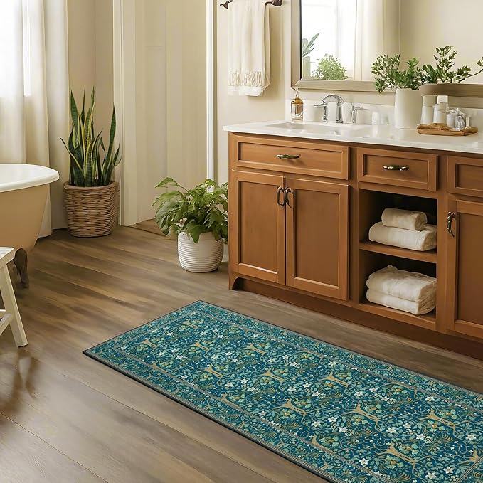 Joydeco Washable 2x6 Rug Runners for Hallways Non Slip, Boho Floral Bathroom Rug Runner, Soft Botanical Forest Indoor Floor Throw Carpet for Kitchen Laundry Room Entryway, Dark Blue