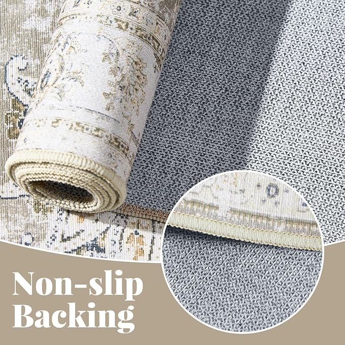 jinchan Floral 2x3 Rugs for Entryway - Vintage Washable Small Non-Slip Distressed Indoor Doormat Ultra-Thin Low-Pile Accent Rug for Entrance Kitchen Bedroom Bathroom (2x3ft,Taupe)