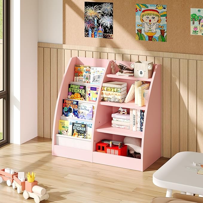 4 Tier Kids Bookshelf,4 Layer Sling Kids Book Shelf for Kids Rooms,Wood Children Bookcase,Baby Storage Book Rack,Toddler Bookshelf, Book and Toy Organizer,Book Display Shelf for Bedroom, Nursery