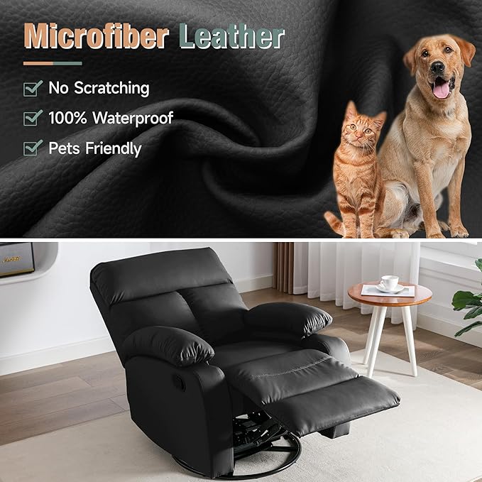 Swivel Rocker Recliner, Rocking Recliners Chair for Small Spaces, Small Rocker Recliner Chair, Nursery Rocking Chairs for Living Room, RV, Nursery, Black