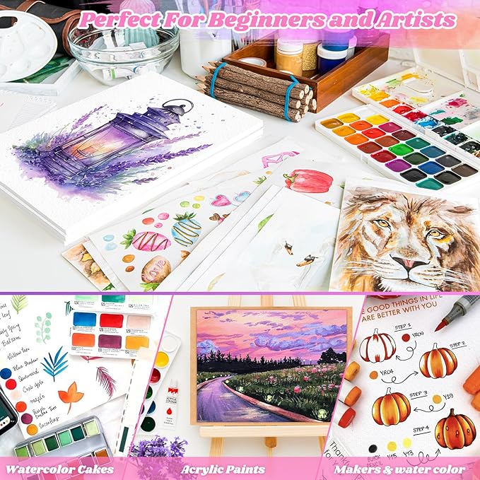 Watercolor Paper 9"x12", Christmas Gifts for Adults Teens Kids, Cold Press Water Color Paper, 140lb/300gsm Loose Art Drawing Paper for Acrylic Paints Markers Pencils Pens Oil Pastels Canvas Painting