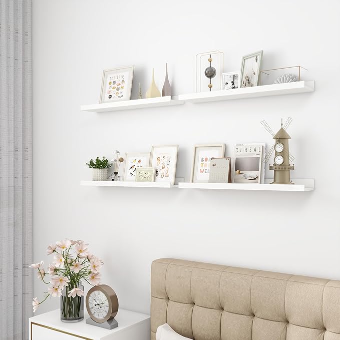 Picture Ledge Shelf, Wood Floating Shelves Set of 4, 24 inch Picture Ledge Shelves, Photo Ledge Nursery Book Shelves Wall Mounted for Living Room Kids' Room Bedroom, Color White