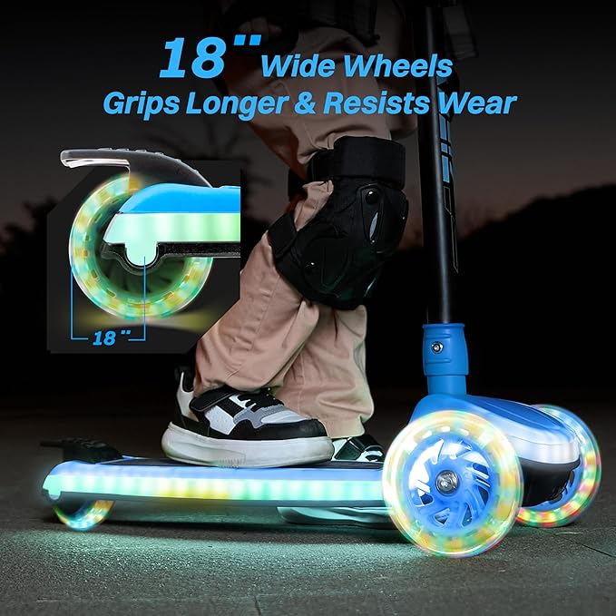 ZIFFY 3-Wheel Light-Up Kids Scooter, Kids Balance Scooter for Boys Girls with 20 Dynamic LED Lights, 4 Adjustable Height, Lean-to-Steer Design with Anti-Slip Wide Surface for Stability - Up to 110LBS