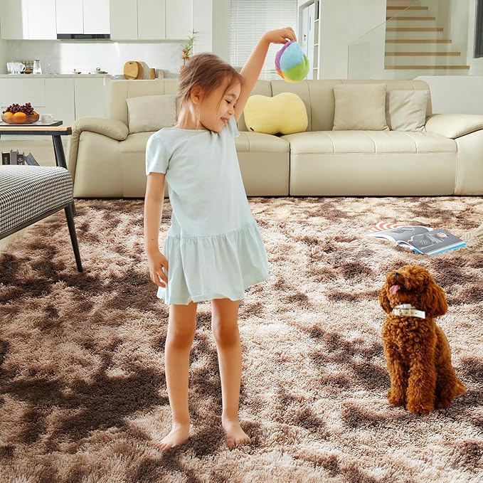 Ultra Soft Rug for Living Room, 9X12 Fluffy Shag Area Rug for Bedroom, Modern Shaggy Carpets Fuzzy Rug for Teens Dorm Nursery Home Decor Aesthetic, Upgrade Anti-Skid Durable, Tie-Dyed Coffee