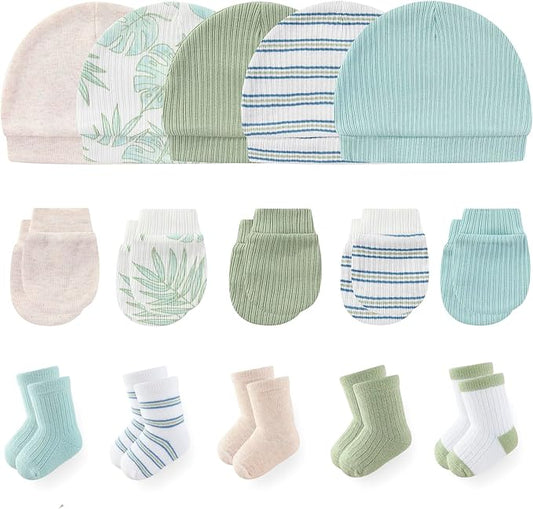Newborn Baby Boy Girl Caps Mittens Socks Set Cotton Baby Essentials Accessories (Hats+Gloves+Socks)