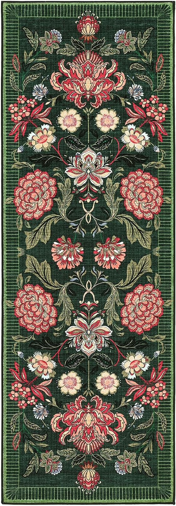 GarveeHome Forest Green Floral Botanical 2x6 Washable Kitchen Runner Rugs Non Slip Vintage Boho Cottage Long Rug for Hallways Bedroom Entryway Bathroom Mat with Rubber Back