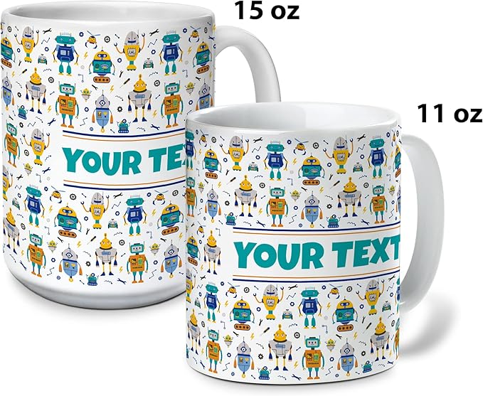 Personalized Mug for Kids - Robots - Custom Name/Text, Ceramic Hot Chocolate/Cocoa/Coffee Cup for Boys, Birthday/Christmas/Holiday Gift - 15 oz, White Handle