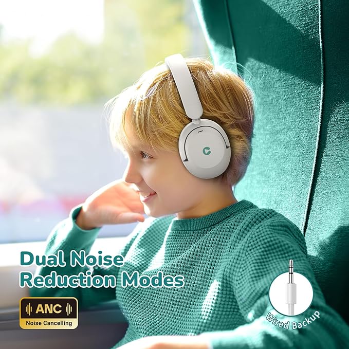 iClever BTH20 Active Noise Cancelling Headphones for Kids, 60H Play Time,Type C Fast Charging,Safe Volume 80dBA,Bluetooth5.4,Award-Winning Kids Headphones Wireless for iPad Tablet Airplane,White&Green