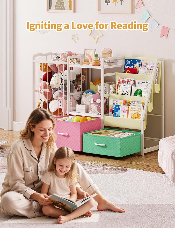 Kids Bookshelf and Toy Storage, Large 3 Tier Book Shelf for Kids Rooms, Sling Baby Bookcase with Stuffed Animal Storage, Toddler Montessori Bookshelf for Nursery, Playroom, Kindergarten