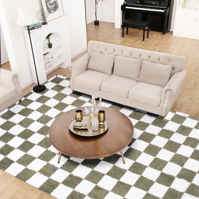 Super Soft Rug for Bedroom, 5x7 Ft Green and White Area Rug Classic Checkered Shaggy Anti-Skid High Pile Soft Fluffy Rug Fuzzy Carpet for Living Room Bedroom Kids Room Nursery, Dorm Home Decor