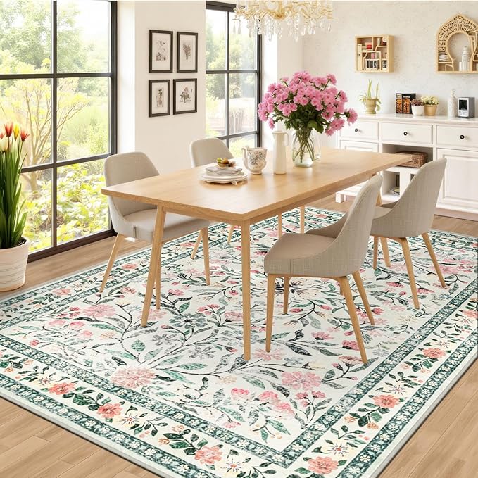 6x9 Area Rugs for Living Room: Floral Washable Rug Vintage Large Soft Boho Non-Slip Carpet Indoor Stain Resistant Thin Carpets for Bedroom Dining Room Farmhouse Nursery Hallway Home Office Green Beige