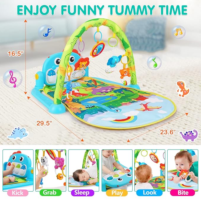 UMIKU Baby Gym Play Mats Baby Toys Tummy Time Mat Musical Activity Center for Newborn Infant Piano Babies Play Mat Music & Light Newborn Infant Gifts for Babies 0-3 6 9 12 Months Dinosaur Style