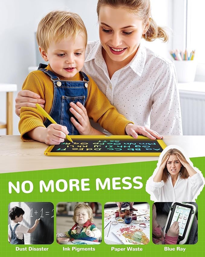 KOKODI LCD Writing Tablet, 12 Inch Colorful Toddler Doodle Board Drawing Tablet, Erasable Reusable Electronic Drawing Pads, Educational and Learning Toy for 3-6 Years Old Boy and Girls(Yellow)