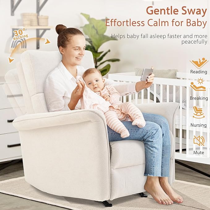 Manual Rocker Recliner Chair with Glider Motion for Nursery, 160° Recline & Wide Armrests - Overstuffed Snowflake Fleece Nursery Chair for Small Spaces, Living Room, Bedroom