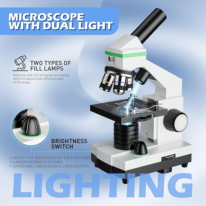 Microscope for Adults Professional, Compound Microscope for Kids 8-12, 100X-3000X High-Power Biological Microscope for Students, School Lab & Home Education, with Slides Set