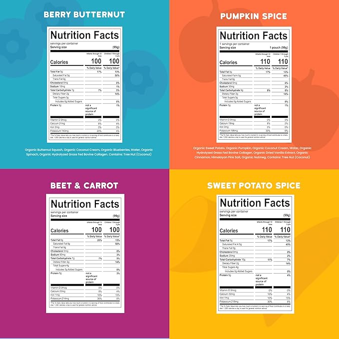 Serenity Kids 6+ Months Dairy-Free Smoothie Baby Food - USDA Organic Grass-Fed Collagen Protein - 3.5 Oz BPA-Free Pouches - Variety Pack (8 Count) - Baby Smoothie Pouch Set