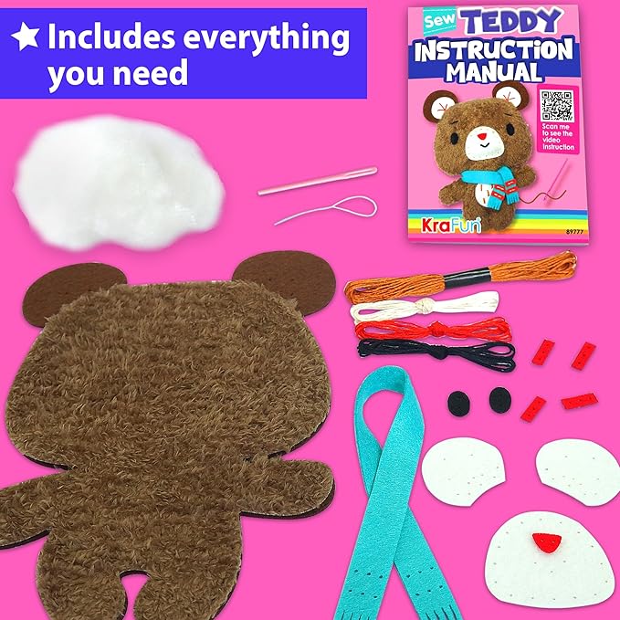 KRAFUN Teddy Bear Animal Sewing Kit for Kids Beginner My First Art & Craft, Includes Teddy Doll Stuffed Doll, Instructions & Plush Felt Materials for Learn to Sew, Embroidery, Age 7 8 9 10 11 12