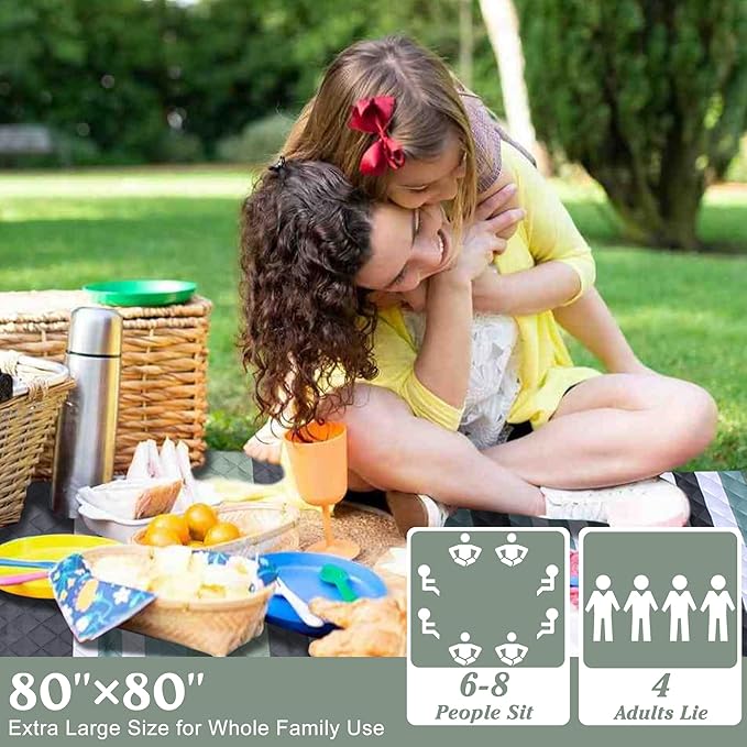Waterproof Picnic Blanket 80" x 80" in Portable with Carry Strap for Beach Mat or Family Outdoor Camping Party, Park Blanket for Grass Park, Hiking, Travel, Concerts (Green&White, 80" x 80")