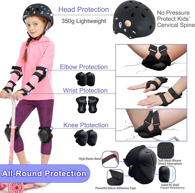 Kids Bike Helmet with DIY Stickers and Knee Pads Elbow Pads Wrist Guard Set for Ages 3-8-14 Toddler Boys Girls Helmet for Roller Skates Cycling Skateboarding Bicycle Scooter